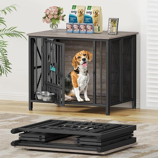 EasyCom Foldable Dog Crate Furniture, 31.5" Dog Crates for Small/Medium Dogs, Wooden Dog Kennel Indoor with Tag & Adjustable Dog Bowls, Dog Cage Use as End Table/TV Stand, Oak Grey