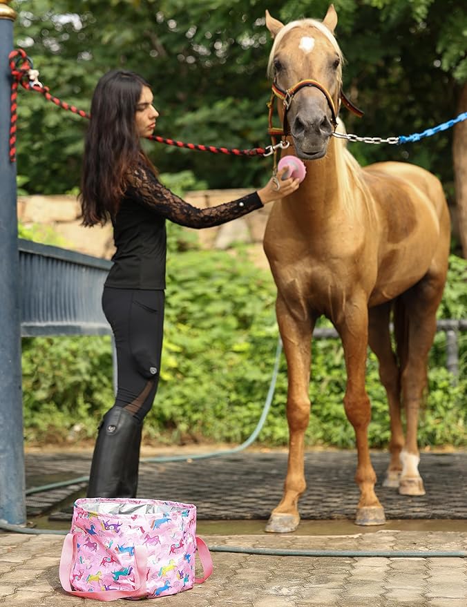 Harrison Howard Complete Horse Grooming Set, 11-Piece Advanced Daily Grooming Tools with Extra Brushes for Full Horse Care Pink Brushstroke Ponies
