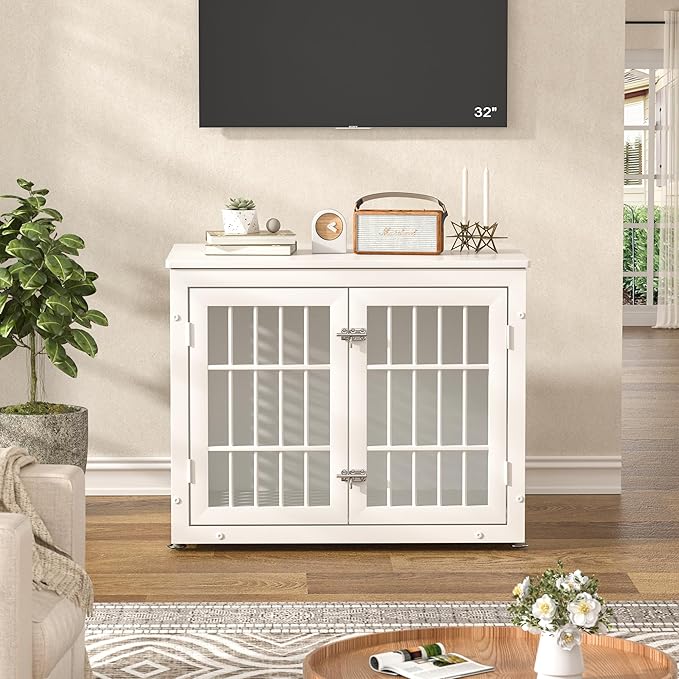 rehomerance 32" Heavy Duty Dog Crate Furniture for Small and Medium Dogs, Metal Kennel for High Anxiety Dogs, Chew Proof Pet Cage Indoor, Decorative Dog Kennel End Table, White