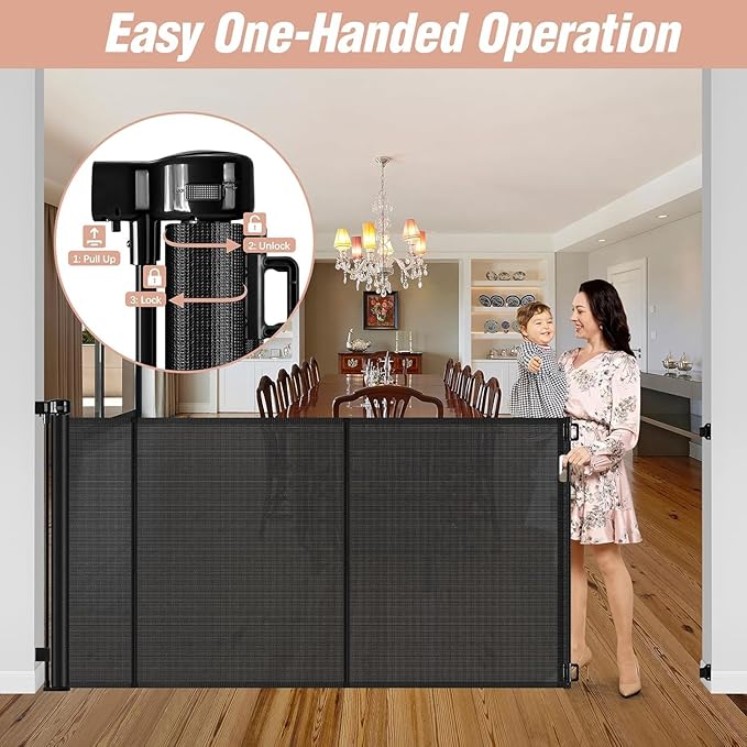 Reinforced 42" Tall x 75" Wide Retractable Baby Gate with Support Rods - Prevents Crawling Under Extra Tall Pet Gate Indoor Mesh Gate Outdoor Long Baby Gate Tall Dog Gates for Doorways, Black