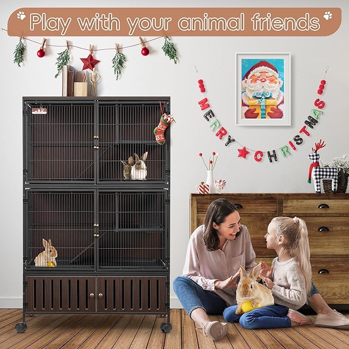 HABUTWAY 60''H Metal Large Ferret Cage, Rolling Chinchilla Cage with Removable Ramps& Double Door, with Locker, Small Animal Cage, Rat Indoor Wooden Pet Crate Furniture
