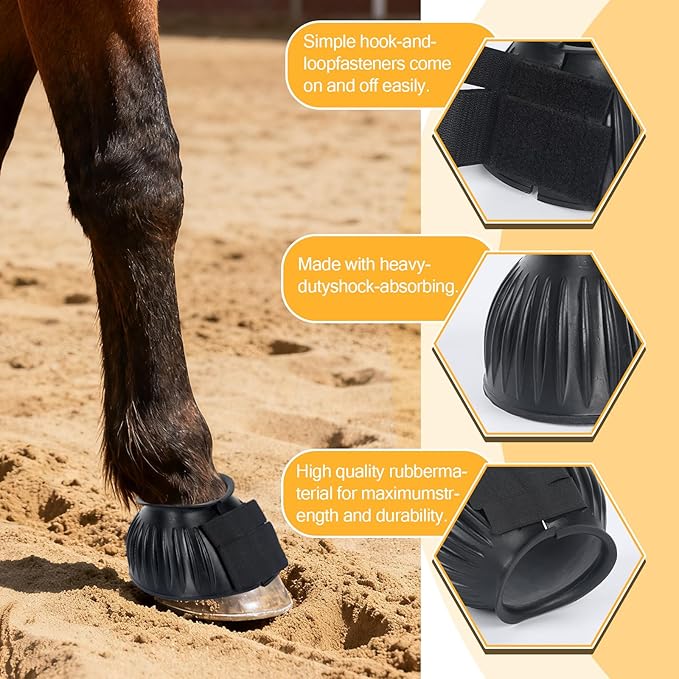 1 Pair Black Bell Boots for Horses, Double Lock Horse Care Boots, Protect Against Hoof Impact Trauma, Rubber Bell Boots Horse Care for Turnout, No Rub Design Comfort Quick Wrap Hook and Loop