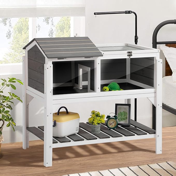 Wooden Tortoise Habitat with Shelf Storage and Adjustable Lamp Holder,Indoor Outdoor Reptile Cage Turtle Enclosure for Small Animals