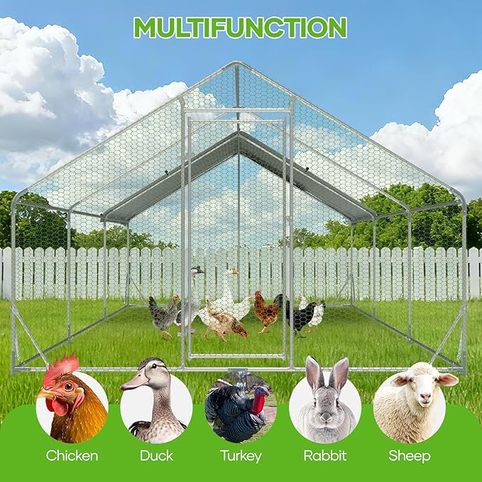 Assark Large Metal Chicken Coop,10x20 FT Walk in Chicken Runs with Cover for 30 Chickens,Hen House Enclosure with Security Lock, Outdoor Duck Rabbit Cage Poultry Pens for Backyard,Farm,Yard