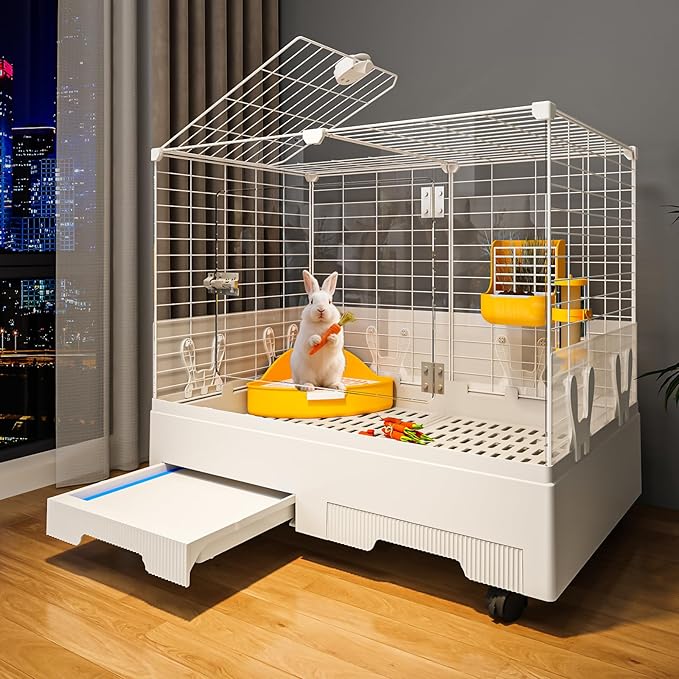 Oneluck Deluxe Small Animal Cage Indoor with Pull Out Tray,Transparent Habitat for Rabbit,Urine Guard,Easy to Clean,White (Transparent)
