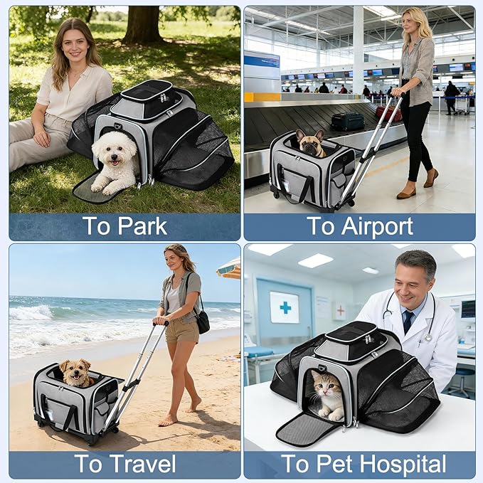 Airline Approved Pet Carrier with Wheels, Top & Side Expandable Soft-Sided Bag, 18x11x11 inches Fits Under Seat for Small Dogs Cats, Double-Sided Mat & ID Card for Travel Vet Visits Camping