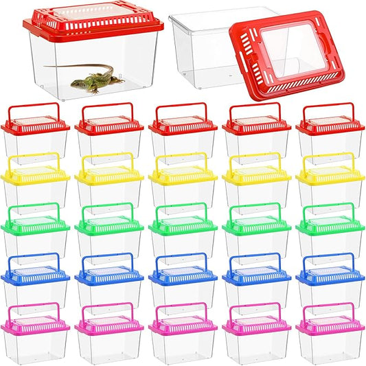 LemonRoad 25 Pcs Plastic Reptile Terrariums Carrier Cage Enclosure Snake Breeding Box Hatching Container Fish Tank with Ventilated Lid for Tarantula Spider Turtle Hermit Crab Lizard (5.1x3.5x3.5 Inch)
