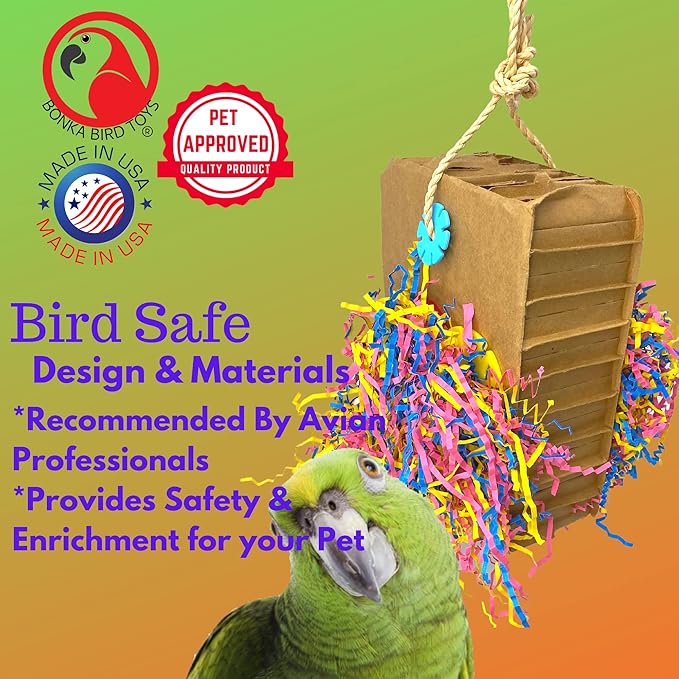 Bonka Bird Toys 3806 Large Harry Box 14" x 4", Large Parrot Chew Forage Shred Cage Toy, Amazon, African Grey, Eclectus, and Similar