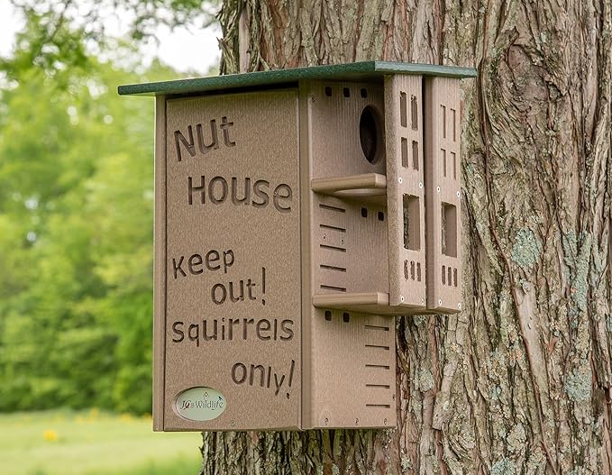 JCS Wildlife Ultimate Wooden Squirrel House, Multi-Tier Squirrel Nesting House with Predator Guards, Weather-Resistant Recycled Poly Lumber, Easy-Clean Tree House for Outside, Green & Tan