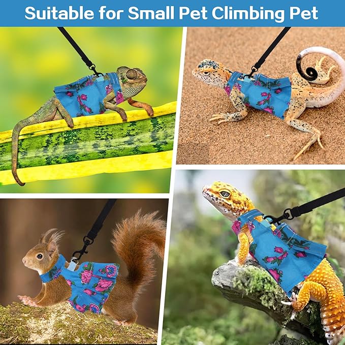 Bearded Dragon Harness and Leash Skirts Set Adjustable Reptile Lizard Leash Rope Dresses Clothes Starter Kit Accessories for Small Animal Outdoor Walking Training (Blue)