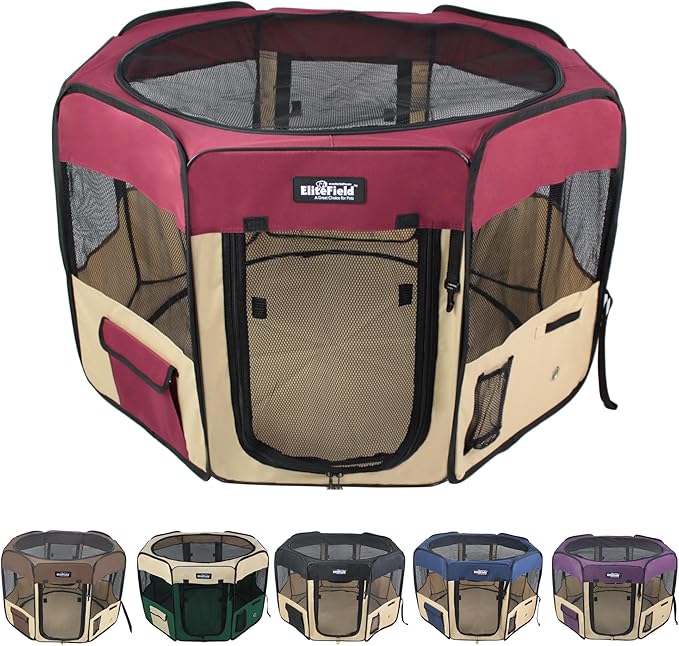EliteField 2-Door Soft Pet Playpen (2 Year Warranty), Exercise Pen, Multiple Sizes and Colors Available for Dogs, Cats and Other Pets (36" x 36" x 24"H, Maroon+Beige)