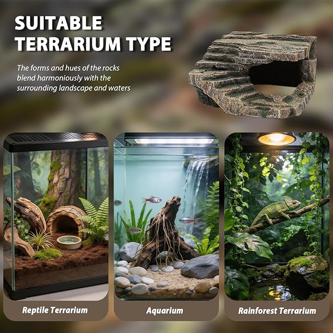 Extra Large Resin Reptile Cave Hideout, Rock-Style Basking Platform, Aquarium and Terrarium Decor, Ideal for Reptiles, Amphibians, and Fish