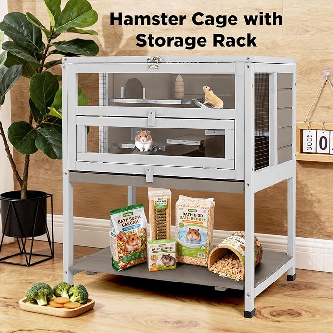 Multi-Platform Guinea Pig Cage Indoor, Wooden Ramp with Metal Chewproof Strips, Pull Out Tray, Storage Shelf, Easy Clean & Assembly, Ideal for Guinea Pig, Chinchilla, Hamster, Rat