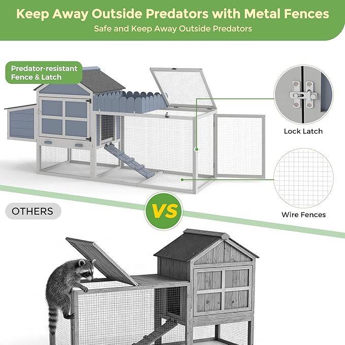 COZIWOW Outdoor Chicken Coop, Wooden Hen House with Nesting Box, Run, Resting Room, Ramp, Pull-Out Tray, Weatherproof, Patio Garden Pen Hutch for Ducks Poultry Pets, Easy to Clean, Gray (Plant Fence)