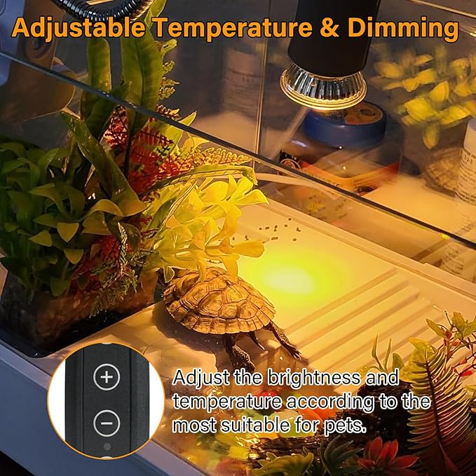 Reptile Heat Lamp with Clamp, Aquarium Turtle Tank Basking Light with 360° Rotatable, Timing, Dimming and 2 Pcs 50W UVA UVB Heat Light Bulb for Turtle, Lizard, Snake, Beared Dragon, Amphibians