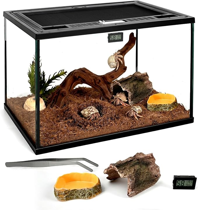 5-in-1 Glass Reptile Tank Starter Kit 8.3 Gal 16x11x11in Full View Reptile Enclosure with Thermo-Hygrometer & Hide for Juvenile Leopard Gecko, Tarantula, Lizards, Spiders, Hermit Crabs & Frogs