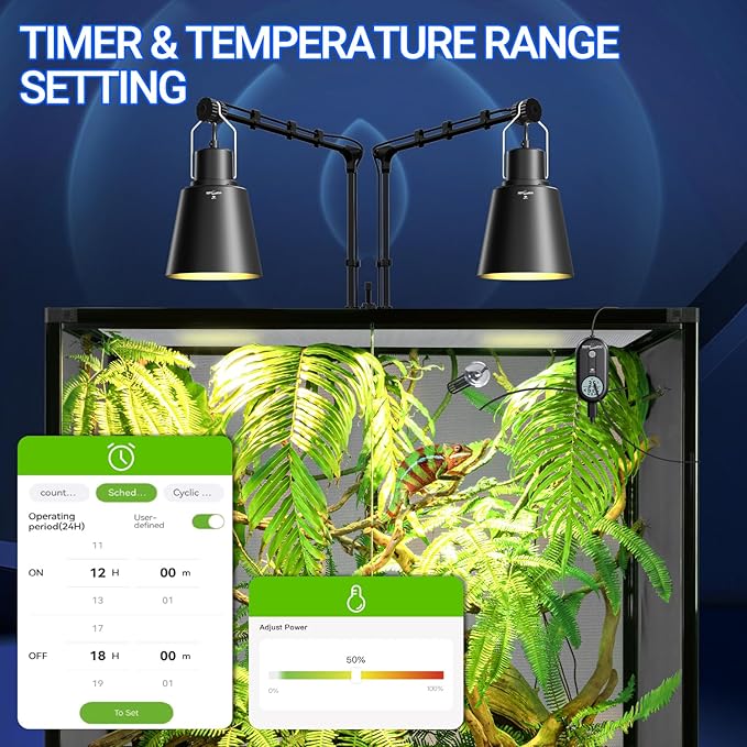 REPTI ZOO Smart WiFi Deep Dome Lamp Fixture & Thermostat Hygrostat Controller with Timing Combo, Reptile Light Fixture Reflector Cap, Day-Night Temperature & Humidity Monitor Control for Reptile Tank