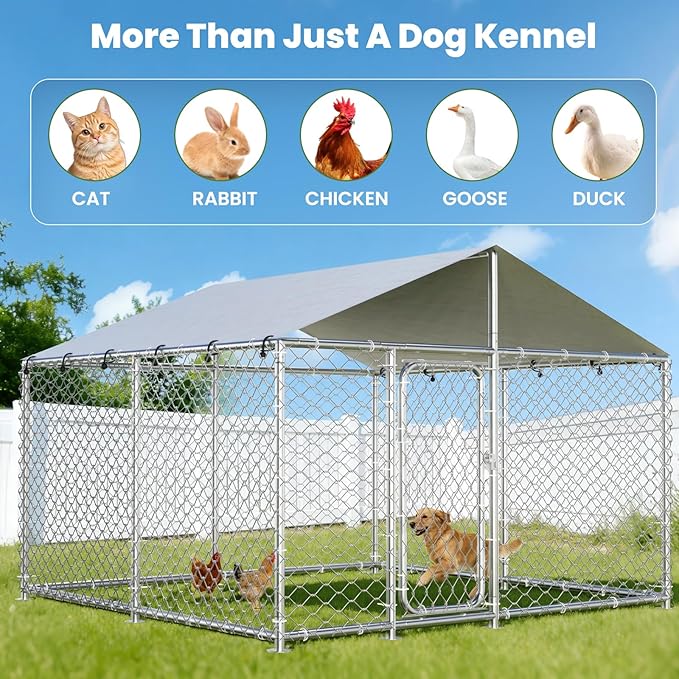 7.8' x 7.8' Heavy-Duty Outdoor Dog Kennel with Waterproof Cover, UV-Resistant Roof, Secure Locking Mechanism for Large Dogs, Metal Enclosure for All Weather Conditions(90x90x63IN)