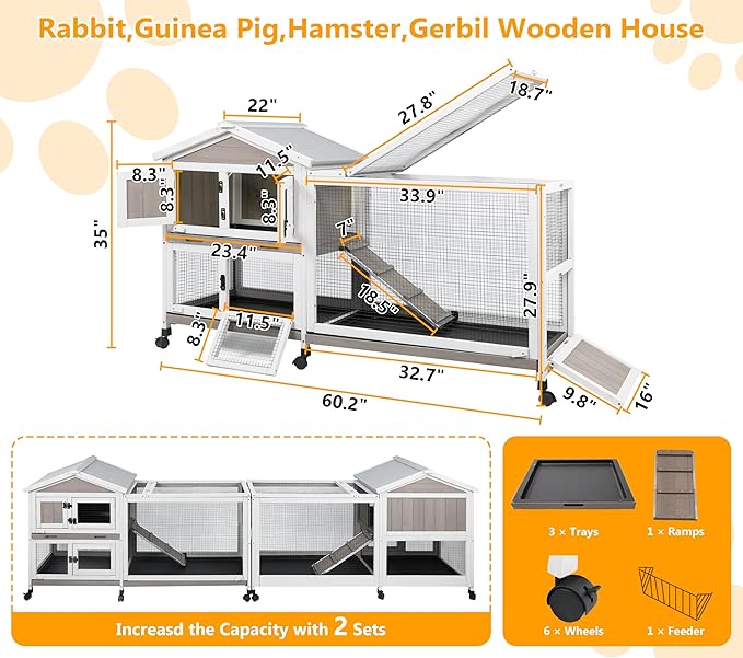 Gowoodhut Outdoor Rabbit Hutch Indoor Bunny Hutch 2 Story Weatherproof Bunny Cage with 6 Wheels, 3 Seperate Pull Out Trays, Safe Metal Run, Wooden Pet House for 1-3 Guinea Pigs, Hamster