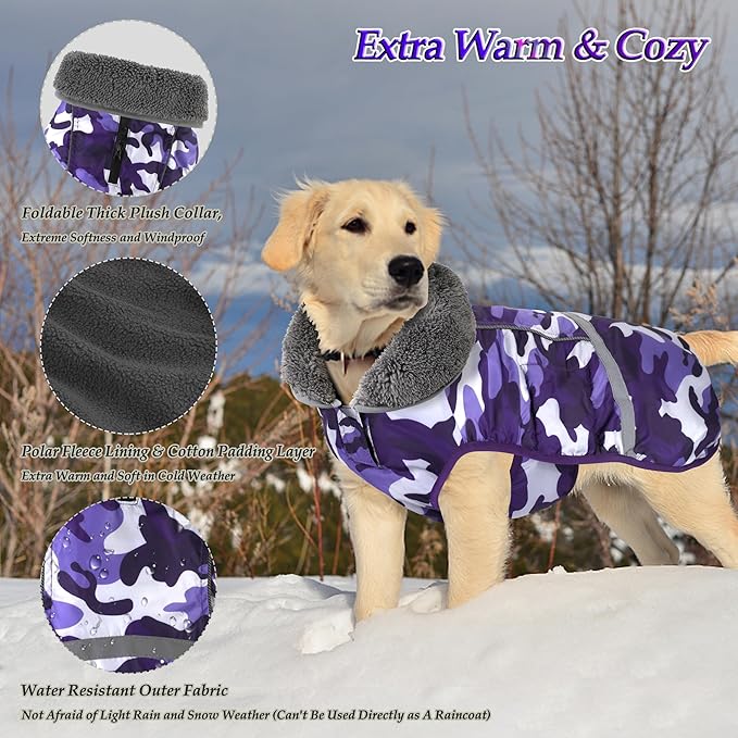 Dogcheer Warm Dog Coat, Waterproof Dog Jacket Christmas Puppy Winter Coat with Buckle, Reflective Adjustable Pet Snow Jacket Turtleneck Fleece Sweater for Small Medium Large Dogs - Camo Purple, XL