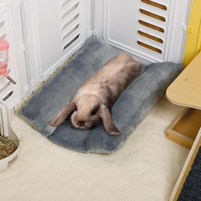 MEWTOGO 15.7" x 14" Bunny Bed for Rabbit Cage - Thickened Soft Prevent Sore Hocks Plush Mat with Cotton Lounger Pillows, Small Animal Flop Mat for Hutch Sleeping Indoor, Gray