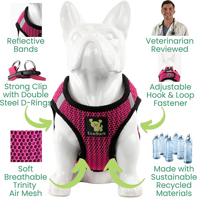 EcoBark Step in Dog Harness - Eco-Friendly Dog Harnesses for Small and Medium Breed Dogs - Reflective and Adjustable Body Halter Vest - Soft Mesh Toy Breed Harness (Fuchsia Pink, Large)
