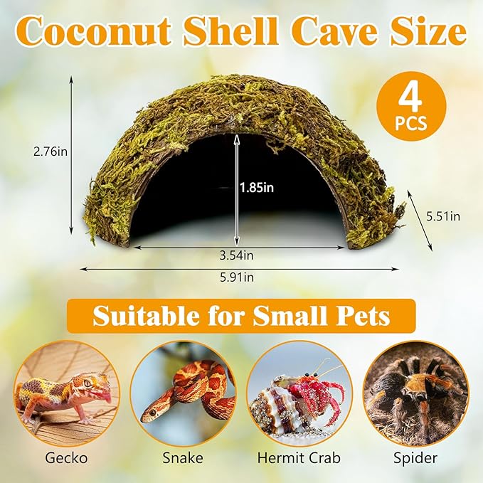 PINVNBY 4 Pack Natural Green Moss Hide Caves Coconut Reptile Hideouts Hamster Climbing Toys Gecko Habitat Decor Lizard Shell Shelter for Snake Tarantulas Turtle Chameleon