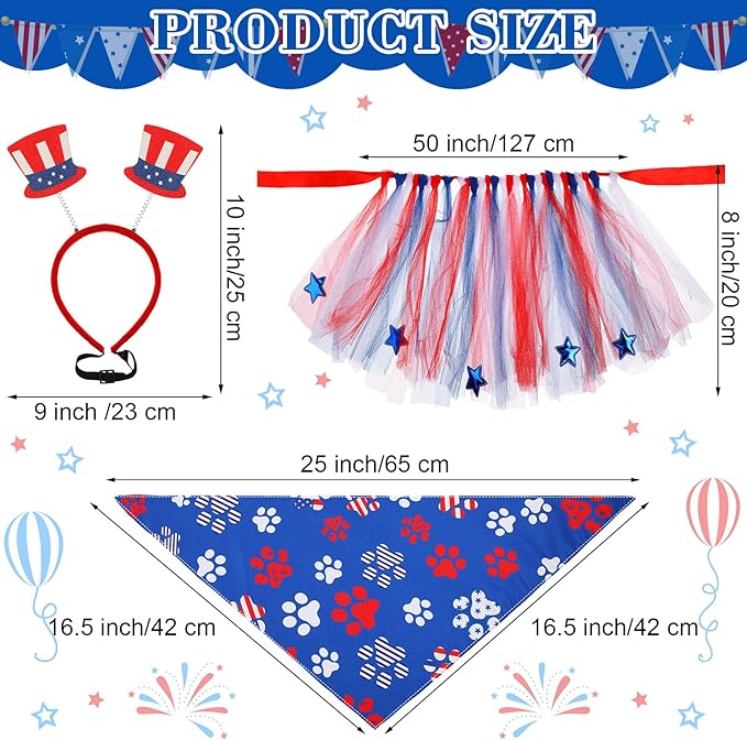 Silkfly 6 Pieces 4th of July Dog Costume Accessories Includes 4th of July Dog Bandanas Puppy Tulle Tutu and Dog Patriotic Headbands for Dogs Independence Day Fourth Apparel Accessories