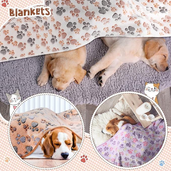 Tatuo 4 Pcs Dog Blanket for Pet Cat Blankets Indoor Puppy Teething Stuff Toys Paw Print Fleece Blanket Warm Sleep Mat for Guinea Pig Cage(White, Coffee, Pink, Purple,Large(36 x 36 Inch),Square)