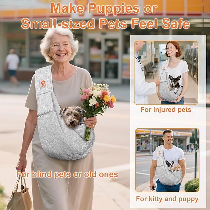 Tomkas Small Dog Sling Carrier - Zipper Pocket & Adjustable Strap & Zip Pocket - for 3-10 lbs Pets (Grey, M - Zipper Pocket & Classic Strap)