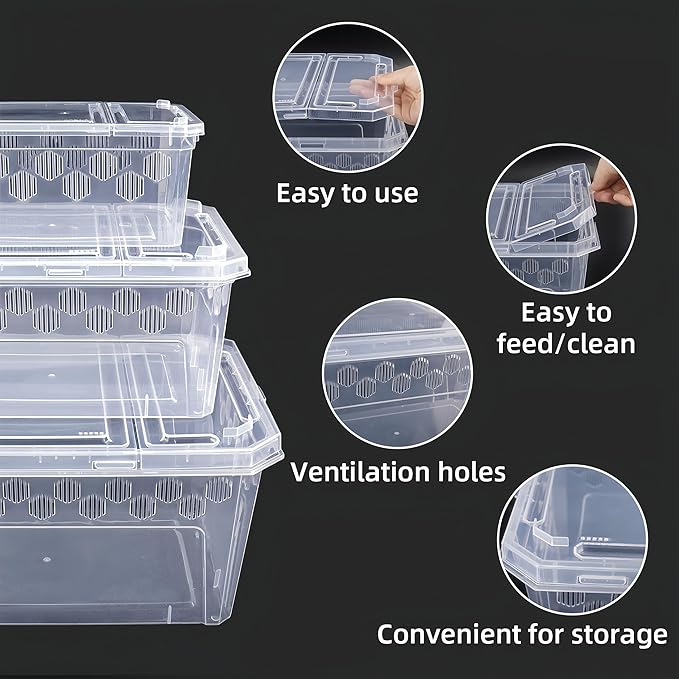 3Pcs Reptile Feeding Box Set, 3-Size Plastic Reptile Critter Keeper with Tags, for Isopods Snails Sling Geckos Frog Spiders Turtles Scorpion Serpents Tarantulas and Breeding Worms(Clear)