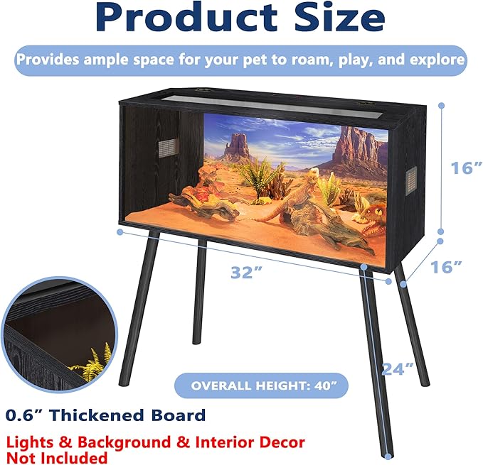 Prolee 36 Gallon Reptile Tank, Tempered Glass Bearded Dragon Tank with Wooden Roof and Lockable Doors, Large Lizard Habitat with Built-in Lamp Fixture for Snakes, Iguanas, Chameleons (Black)