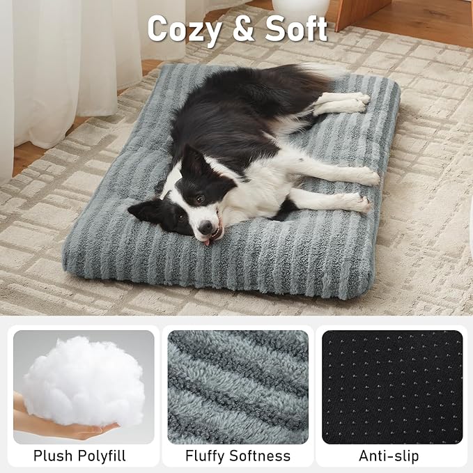 FURTIME Washable Dog Bed Medium Size Dogs, Deluxe Dog Crate Beds Comfy Fluffy Kennel Pad Anti-Slip Pet Sleeping Mat, Machine Washable Dogs Pillow, 29"x21"x3", Gray