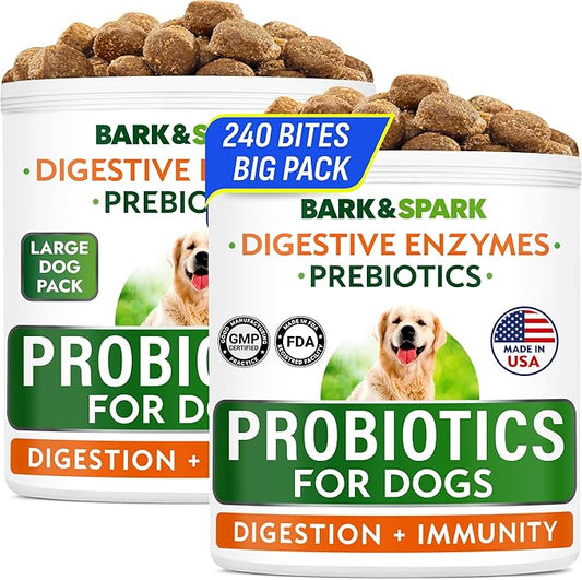 BARK&SPARK Dog Probiotics & Digestive Enzymes (Gut Health) Allergy & Itchy Skin - Pet Diarrhea Gas Treatment Upset Stomach Relief, Digestion Health Prebiotic Supplement Dog Treats (240Ct Chicken)