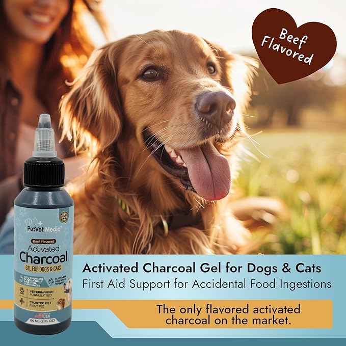 Pet Vet Flavored Activated Charcoal Gel for Dogs & Cats (60ml Bottle, 2 Pack), Dog First Aid Activated Charcoal, Absorbs Toxins, Supports Poisoning, & Gas Relief, Emergency Pet Dog Supplies (Beef)