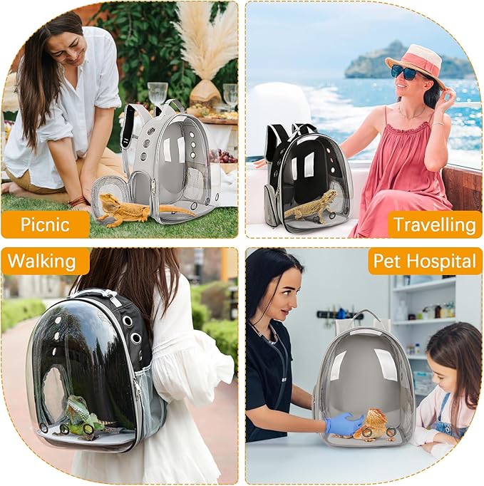 kathson Bearded Dragon Carrier with Harness and Leash Set, Large Reptile Travel Carrier Portable Lizard Backpack Clear Small Animals Carrying Bag for Gecko Hamster Rabbit Hedgehog Kitten (Gray)