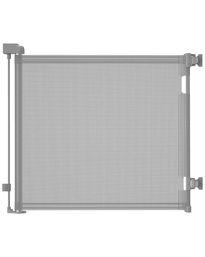 AOURMKOOP Retractable Baby Gate,Mesh Baby Gate or Mesh Dog Gate,33" Tall,Extends up to 55" Wide,Child Safety Gate for Doorways, Stairs, Hallways, Indoor/Outdoor（Grey,33"x55"