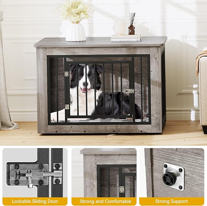 DWVO Dog Crate Furniture, 38 Inch Dog Kennel Indoor Furniture End Table for Dogs, Farmhouse Decorative Wooden Cage, Chew-Resistant, Grey