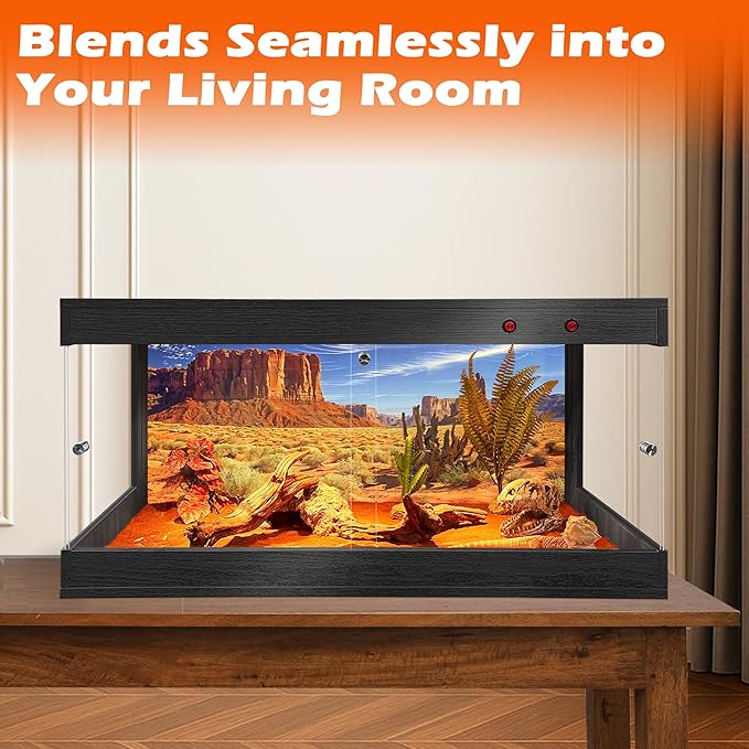 ROYXEN Reptile Tank, 34 Gallons Reptile Enclosure with Lockable Design, Tempered Glass Bearded Dragon Tank for Lizard Habitat, Soild Wood Built-in Sockets (Black, 31.5"x15.5"x15.5")