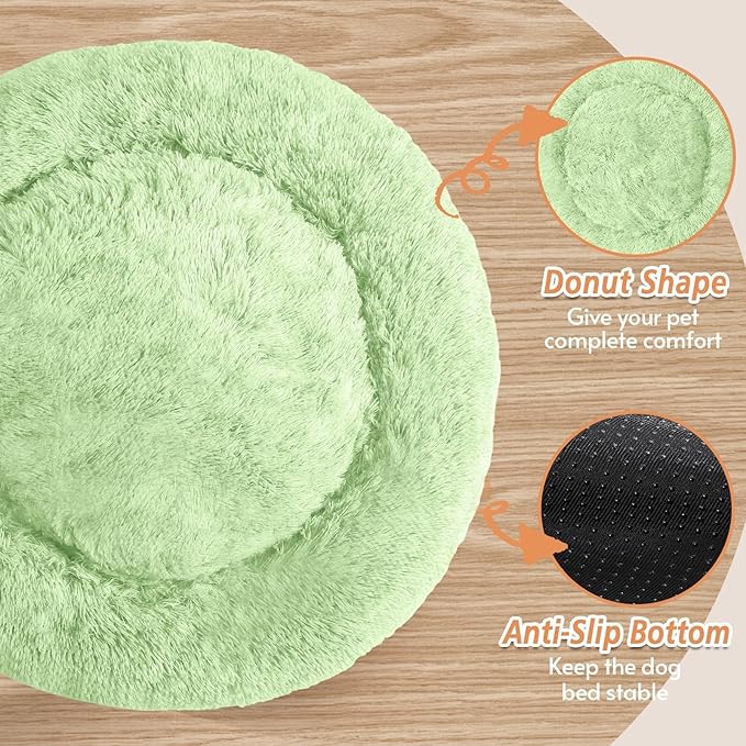 JOLLYVOGUE Calming Dog Beds Large Sized Dog, 36in Donut Washable Large Pet Bed, Anti-Slip & Anti-Anxiety Fluffy Faux Fur Round Dogs Bed, Fits up to 80 lbs Pets (Light Green)