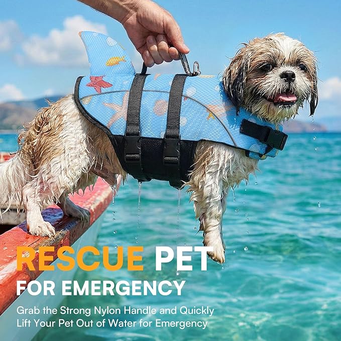 Queenmore XXS Cat Shark Life Jacket, Extra Small Dog Life Vest for Swimming and Boating, Lightweight Dog Life Preserver with Rescue Handle/Leash Hook/Reflective Strips