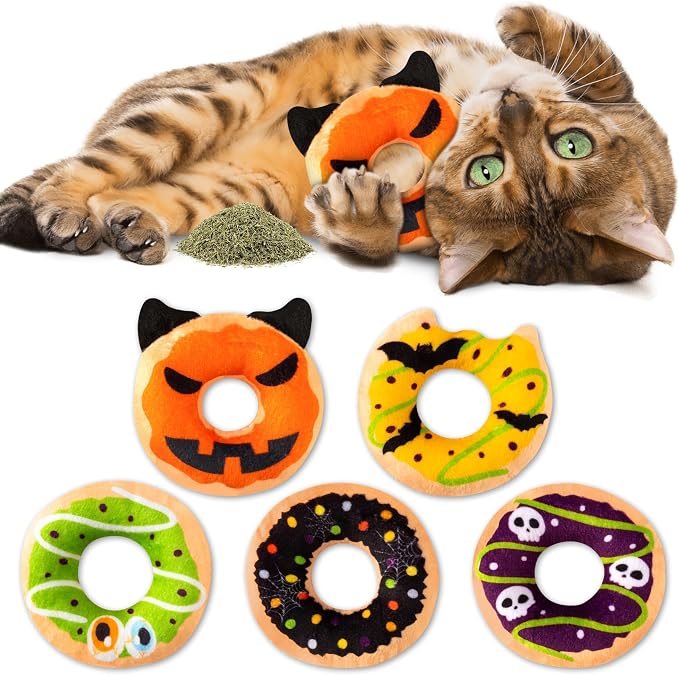 L1rabe Halloween Catnip Cat Toys - 5Pcs Donut Catnip Stuffed Kittens Supplies, Funny Pumpkin Bat Spider Dessert Pet Toys, Fun Cat Chew Bite Teething Tool Catmint Interactive Supplies by L1rabe