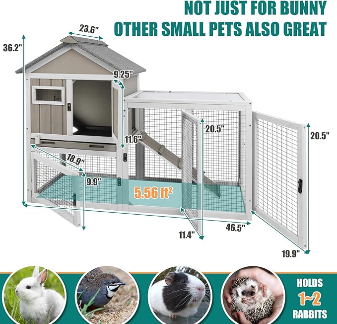 48" L Rabbit Hutch Indoor and Outdoor 2-Story Rabbit Cage with Pull Out Tray,Fir Wood Pet House with Wooden Ramp,Waterproof Bunny Cage Indoor with 2 Asphalt Roofs,Grey