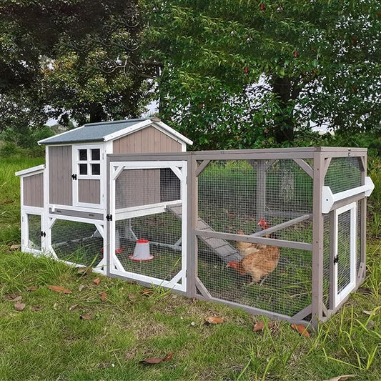 Large Chicken Coop with Run & Wheels, Portable Outdoor Hen House for 3-6 Chickens, 3 Nesting Boxes, Quail Hutch & Poultry Cage, Removable Tray & Ramp (95.3" L Grey)