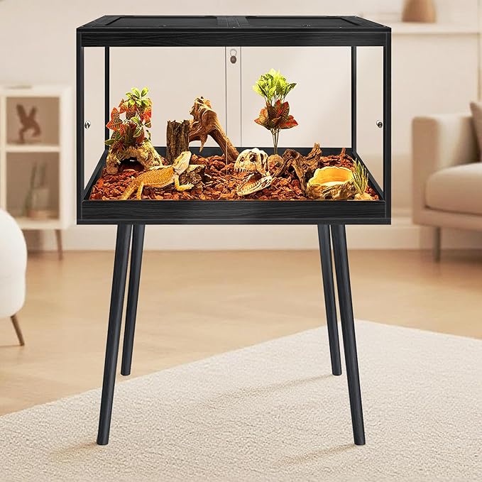 PROLEE Bearded Dragon Tank with Leg, 30 Gallon Tempered Glass Lizard Tank, Reptile Enclosure with Metal Mesh and Lockable Door, Reptile Tank for Snakes,Chameleon (Black, 24x15.5x15.5 Inch)