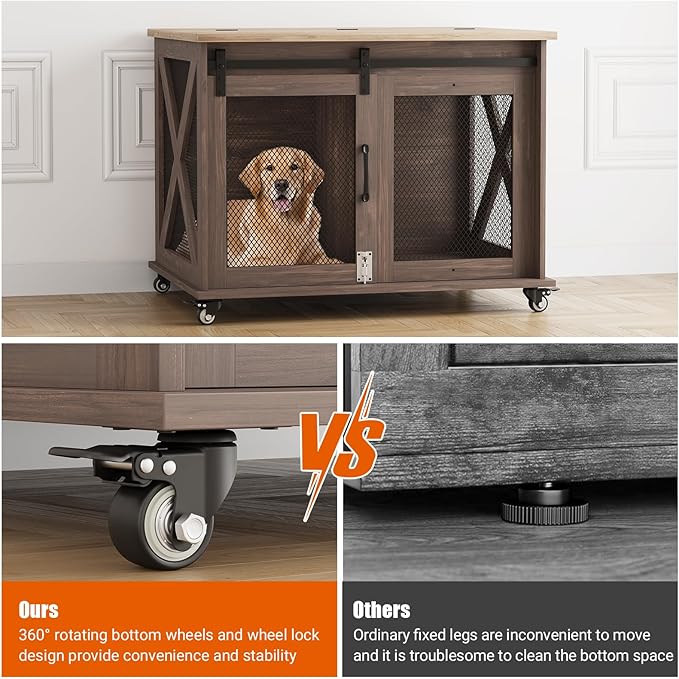 GarveeLife 37" Dog Crate Furniture, Side End Table, Farmhouse Dog Crate with Sliding Barn Door, Flip Top Wooden Dog Kennel with Wheels and Movable Divider, Indoor Dog Cage House for Medium Dogs