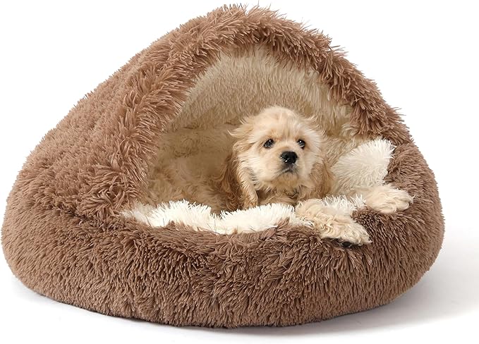NOYAL Round Hooded Donut Dog Bed for Small & Medium Pets - Plush Fluffy Anti-Anxiety Cat Cave Bed with Cover