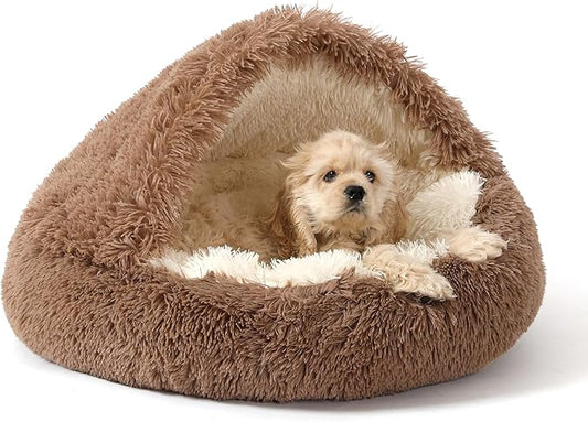 NOYAL Round Hooded Donut Dog Bed for Small & Medium Pets - Plush Fluffy Anti-Anxiety Cat Cave Bed with Cover