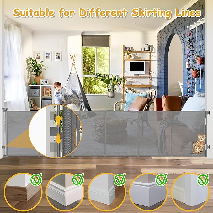 Reinforced 150 Inch Extra Wide Dog Gate with Cat Door 12.5 Ft Extra Long Baby Gates for Large Openings 33” Tall Retractable Pet Gates for Wide Openings Large Pet Gate with Cat Door, Gray
