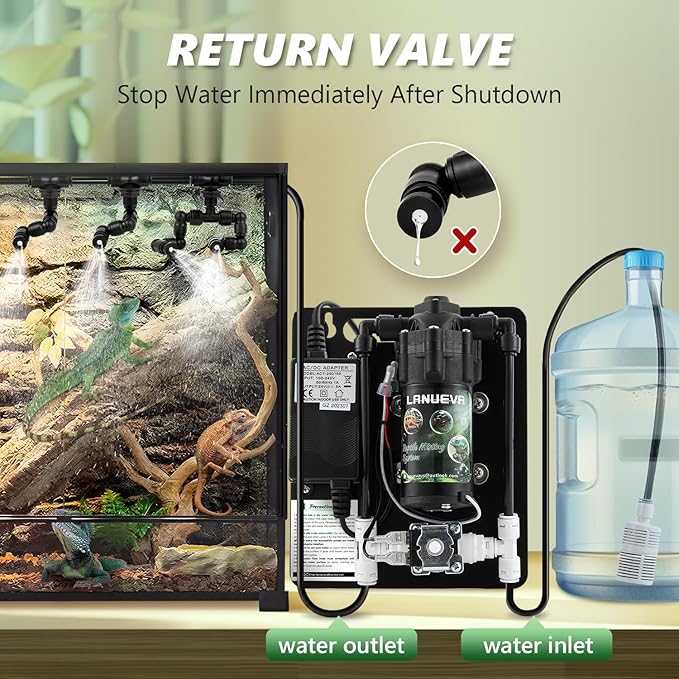 LANUEVA Reptile Humidifier, Quieter Mister Fogger for Terrarium with 4 Single Misting Nozzle + 2 Double Misting Nozzle, Reptile Mister Spray System for Reptile, Chameleon, Lizard, Snake, Frog